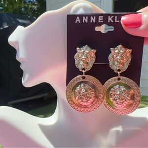 Anne Klein gold tone lion head Metal Round Medallion Coin Dangle drop earrings